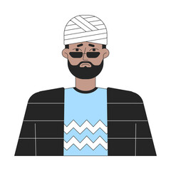 Sad african american man with wrapped head flat line color vector character. Editable outline half body of traumed man on white. Healthcare simple cartoon spot illustration for web graphic design
