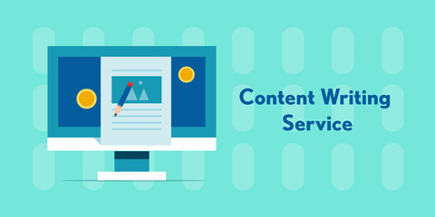 Content writing service. Digital content marketing. Copywriting for business. Writing text document online. Vector background illustration.