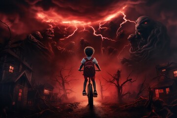 Fototapeta premium Child on the Bike in Red and Black Nightmare. Halloween concept. Back view. Generative AI.