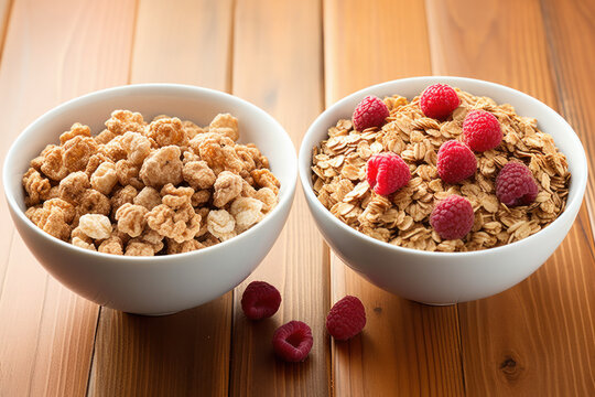 A side-by-side image of a sugary cereal and a bowl of granola.