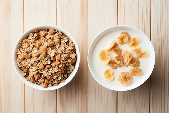 A side-by-side image of a sugary cereal and a bowl of granola.