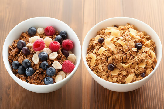 A side-by-side image of a sugary cereal and a bowl of granola.