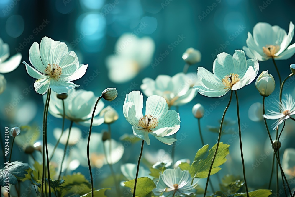 Wall mural Floral fresh background in soft daylight with beautiful bokeh and pastel green colors, close-up macro. Made with Generative AI