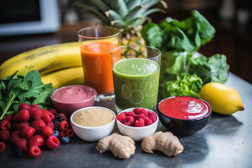 A variety of colorful and nutritious smoothie ingredients on a table. 