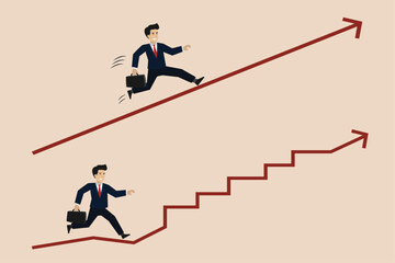 Career path or work success ladder, business strategy, entrepreneur climbing ladder chart, one with smooth going up and other on turbulent path.