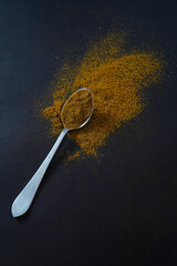 Spoon of masala (spice) for cooking dishes on dark background                     