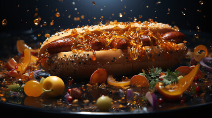 Fototapeta na wymiar A mouthwatering hot dog advertisement for a renowned food company. Food wallpaper. Generative Ai.