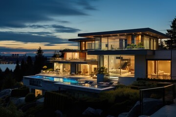 A stunning and contemporary mansion standing tall amidst the fading light of dusk, set against the backdrop of Vancouvers suburban landscape in Canada.