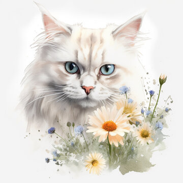 White persian cat illustration with daisy flowers 