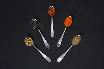 Colourful herbs and spices for cooking dishes on dark background
