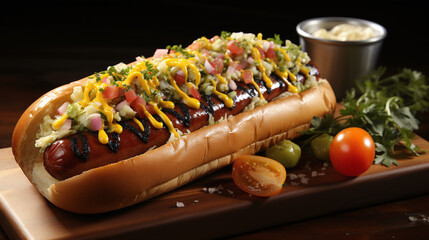 A mouthwatering hot dog advertisement for a renowned food company. Food wallpaper. Generative Ai.