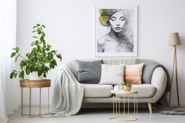 An actual image depicting a side table adorned with a vibrant plant and a teacup placed next to a gray sofa embellished with cushions and a white blanket within a sitting area of a white themed living