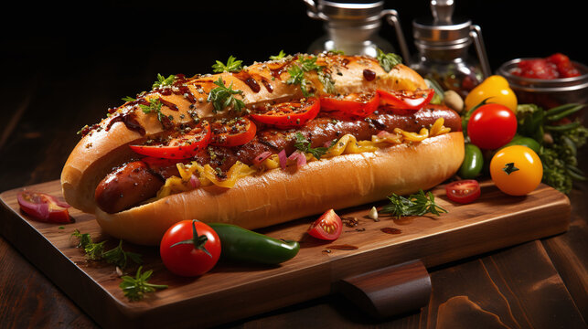 A mouthwatering hot dog advertisement for a renowned food company. Food wallpaper. Generative Ai.