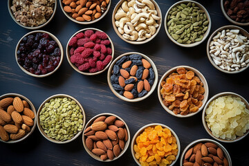 Obraz premium A variety of healthy snack options, like nuts, seeds, and dried fruits. 