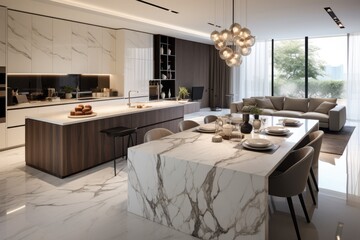 A spacious and stylish kitchen made of white marble seamlessly joins a dining area and a living room, creating a luxurious and contemporary space.