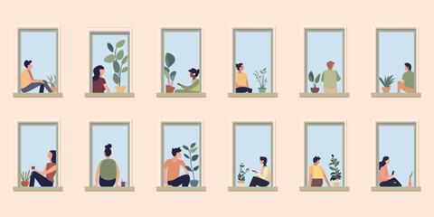 Windows with people. Neighbors in apartment. People in windows drinking tea, spending time at home. Vector cartoon illustration persons in house, illustrations isolated characters