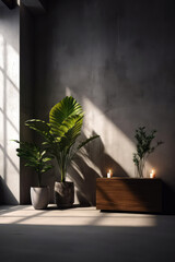 Loft contemporary interior mockup.Empty spacious apartment, room with concrete texture wall with tropical plants.Overlay shadow effect. Place for text. Minimal background. Generative ai.