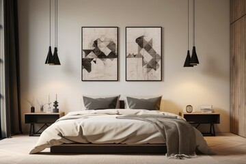 Black lamps hang in a bright bedroom, adding a modern touch to the d�cor.