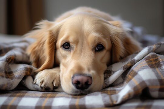 A young golden retriever dog is feeling bored as it lounges under a light gray plaid. The pet finds comfort and warmth under a blanket during the cold winter weather. This image represents the idea of