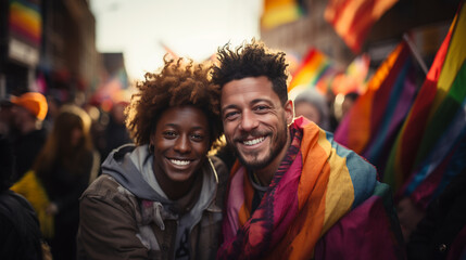 Couple on lgtbq gay pride rainbow flag. Generative Ai