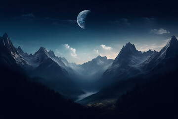 Snowy mountains at full moon at night, Generative AI