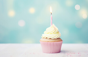 Ai generative. Birthday cupcake with candle, light pastel background