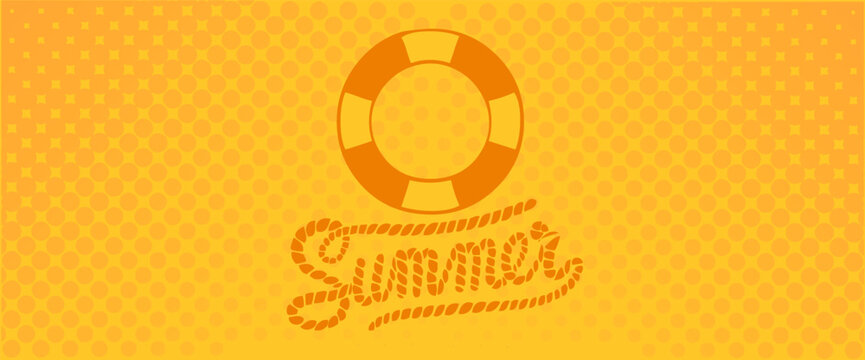 Summer orange background. Central rope logo and the inflatable swimming ring. Dotted background, polka style, pop summery banner.