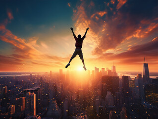 Fototapeta na wymiar Silhouette of a person jumping against a colorful city skyline at sunset: The dynamic silhouette of a person mid-jump, juxtaposed against the silhouette of a cityscape during the golden hour, evoking 