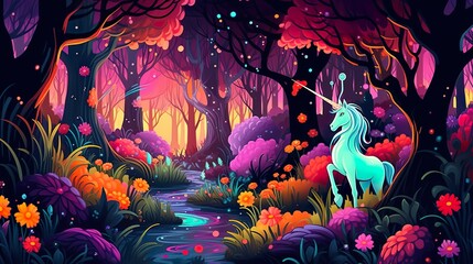 Abstract background magical forest. Illustration within a banner design, blending the allure of a magical forest with a neon aesthetic of unicorns. Generative AI.