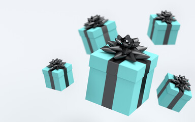 Gift boxes with ribbon and bow for Merry Christmas flying and falling on white