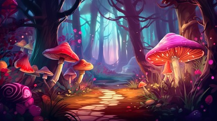 Abstract background magical forest. illustration within a banner design, showcasing the ethereal beauty of a magical forest enhanced by vibrant neon colors. Generative AI.