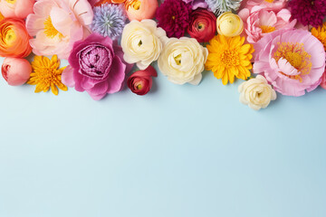 bright floral border with dahlias, ranunculus, chrysanthemums on a pastel color background, AI generated