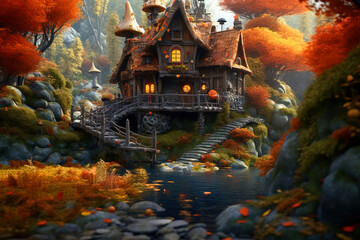 Cute cozy little house in autumn forest, fairy tale illustration