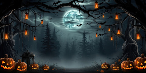 sinister halloween banner with pumpkins, bats and a full moon