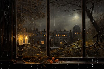 The backdrop of the glass is adorned with raindrops and set against the view from a home window on a melancholy autumn night, symbolizing a sense of depression.