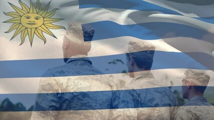 Animation of flag of uruguay over diverse male soldiers - Powered by Adobe