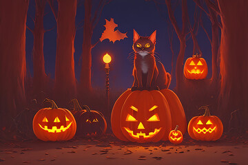 Happy Halloween day, Castle, Pumpkin, cat, and Witch 