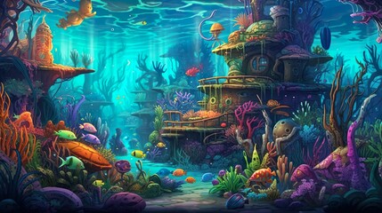Abstract background Atlantic and underwater world. An immersive illustration in a banner design, inviting viewers to explore a mesmerizing underwater world. Generative AI.