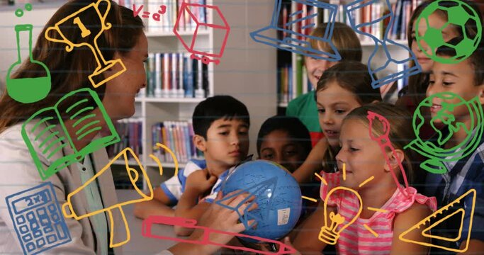 Animation of school icons over diverse schoolchildren