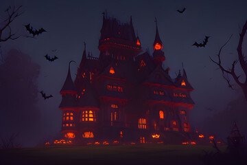 Fototapeta na wymiar Happy Halloween day, Castle, Pumpkin, cat, and Witch 