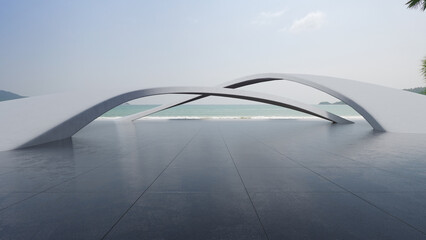Abstract architecture design of modern building. Empty parking area concrete floor with beach and blue sky sea view. 3D rendering background image for car scene.
