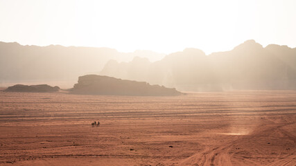 Wadi Rum desert at sunset with two camels in the far Jordan 