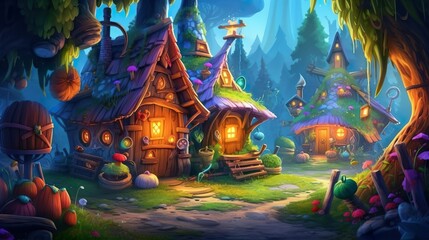 Abstract background witches huts. A captivating illustration within a banner design, depicting the whimsical charm of magical witches' huts against a mystical background. Generative AI.