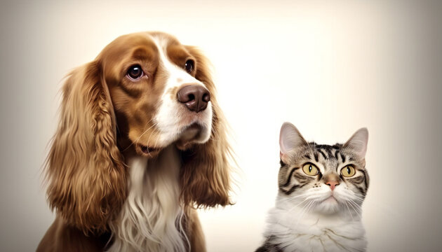 Portrait of a dog Russian Spaniel and cat Scottish Straig with copy space for text