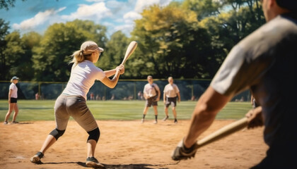 Summer afternoon softball game at the park