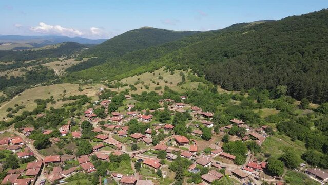 Aerial view of village of Zheravna with nineteenth century houses, Sliven Region, Bulgaria