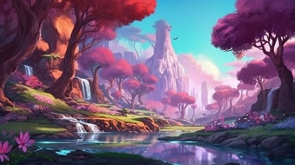 Fototapeta premium Abstract background Elven kingdom. A purple illustration in a banner design, unveiling the mystical charm of an elven kingdom with its ethereal inhabitants. Generative AI.