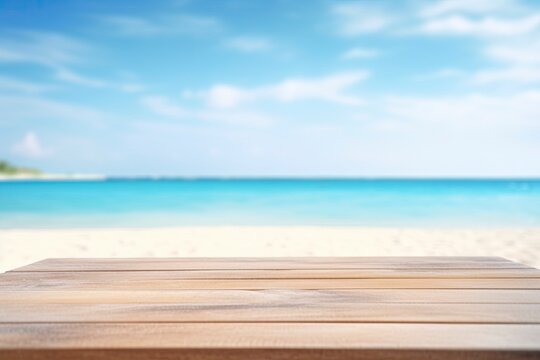 View of nice tropical beach. Empty wood table over blue sea, beach background in summer day. Background with copy space for product display. Empty ready for your product display montage.