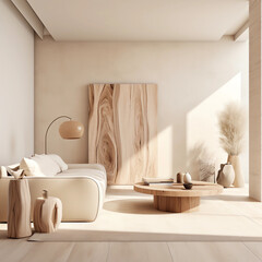 natural wood furniture, minimal living room design, beige tones, bright room mockup