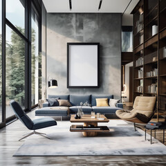 Black frame mockup, modern living room design, double height room with large windows and dark furniture 